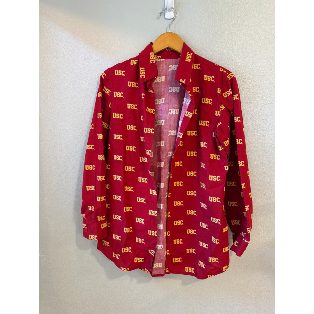 USC Trojans Handmade Cardigan Shirt M Red Gold All Over Logo Long Sleeve